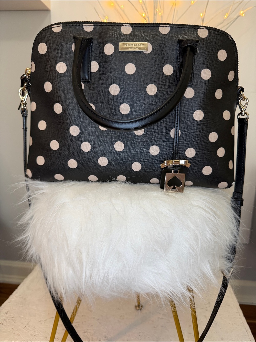 Kate Spade black & cream dotted satchel bag W/Cross strap GUC 13 X 9 by 5 deep